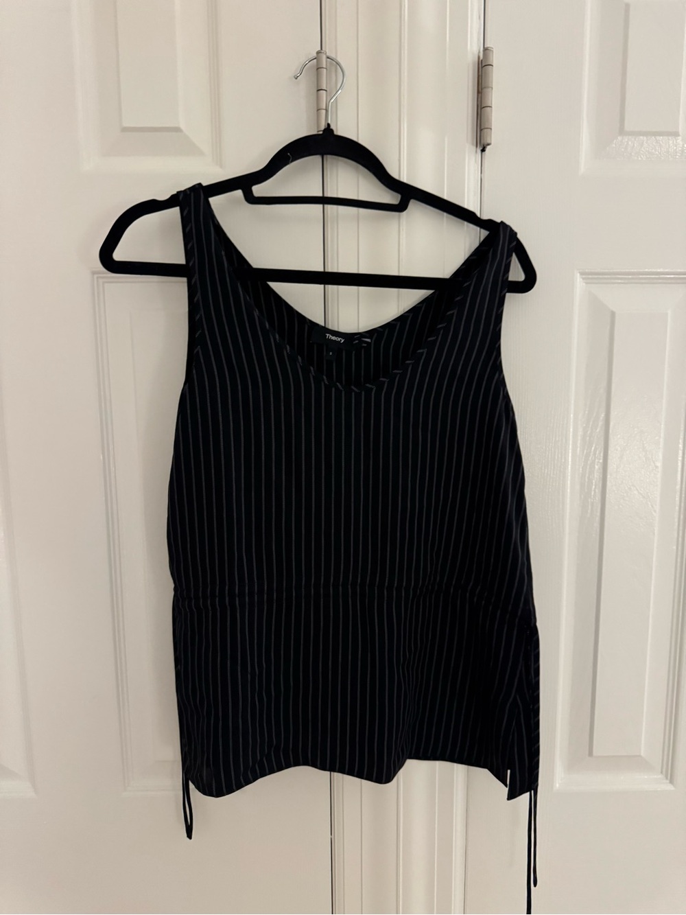 Theory Black Pinstripe V-Neck Tank with Side Ties